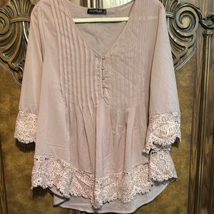Zanzea Pink Blouse with Pleated Bib Collar and 3/4 Sleeves